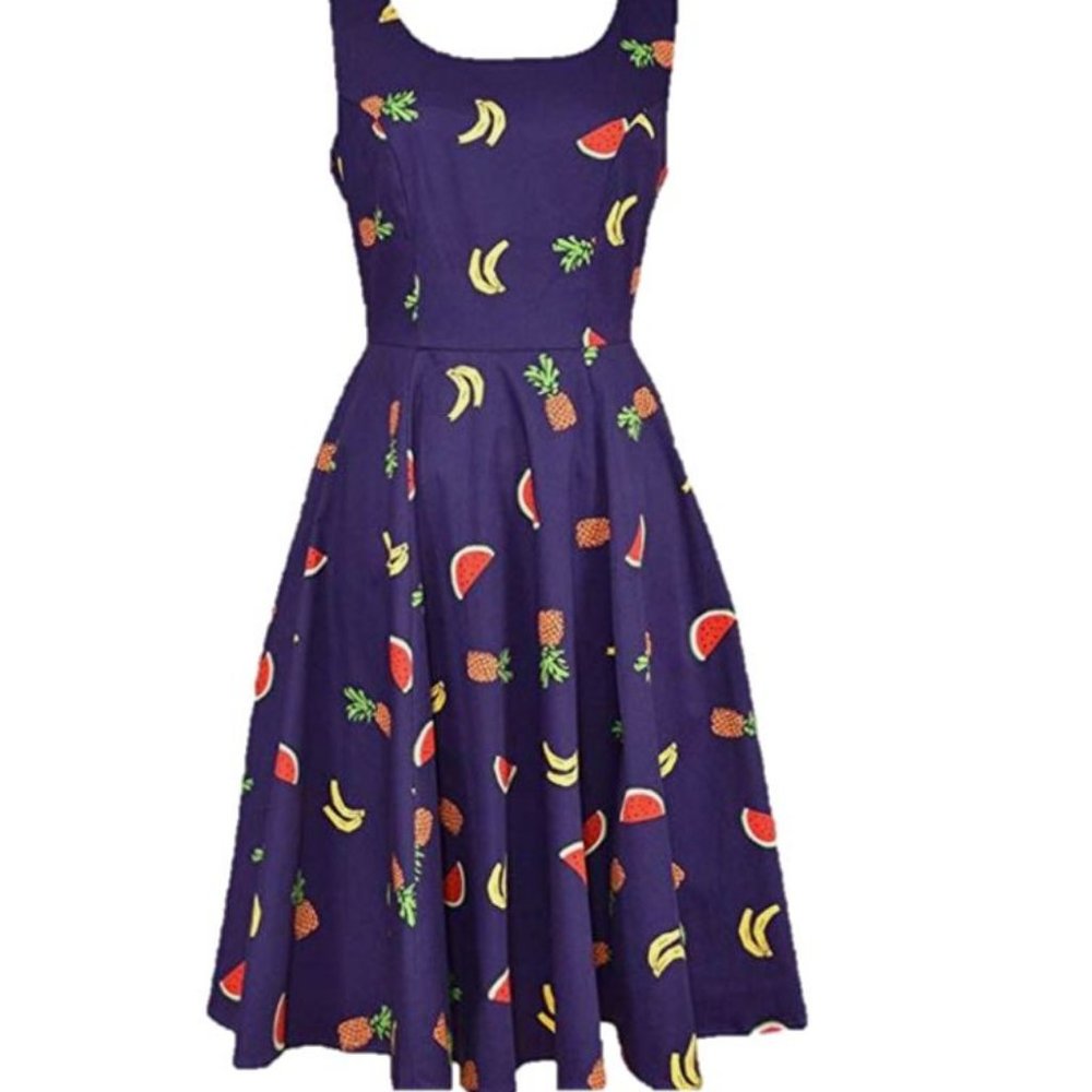 HTF Sidecca Retro Vintage Inspired Navy-Blue Dress with Fruit Pattern